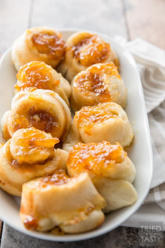 Orange Marmalade Rolls // Orange rolls have never been easier. Starting with frozen dough, these require less than five ingredients. All of which you probably already have on hand. Great for breakfast any morning, brunch any weekend, or any special holiday in between! | Tried and Tasty