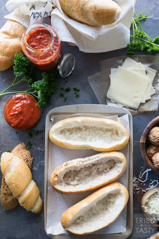 Three Cheese Italian Meatball Subs // Meatball subs taken to the next level with THREE different kinds of cheese. The cheese lover inside will shout for joy at first bit of these tasty sub sandwiches! | Tried and Tasty 