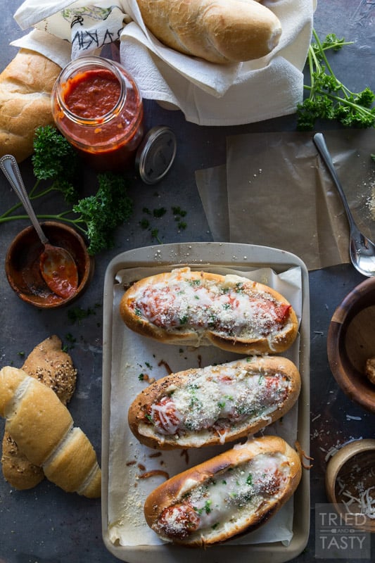 Three Cheese Italian Meatball Subs // Meatball subs taken to the next level with THREE different kinds of cheese. The cheese lover inside will shout for joy at first bit of these tasty sub sandwiches! | Tried and Tasty 