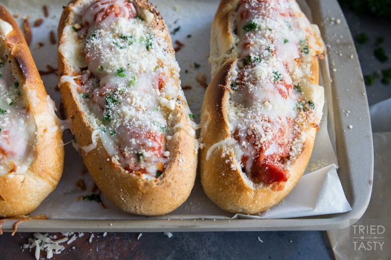Three Cheese Italian Meatball Subs // Meatball subs taken to the next level with THREE different kinds of cheese. The cheese lover inside will shout for joy at first bit of these tasty sub sandwiches! | Tried and Tasty
