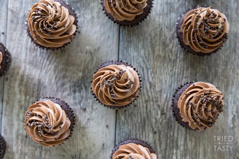 Chocolate Earthquake Cupcakes // The reason these cupcakes are called 'earthquake' is because they will rock your world! A chocolate cupcake, with chocolate frosting, and finished off with chocolate sprinkles. You'll be in heaven at first bite! | Tried and Tasty
