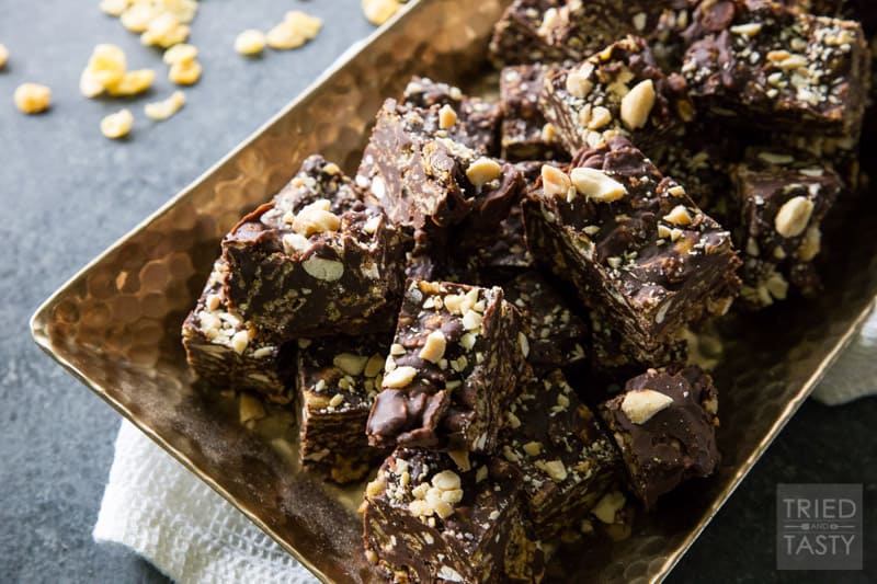 Salted Dark Chocolate No Bake Crunch Bars // Stop the presses! These no-bake treats have an amazing ingredient lineup and will be irresistible by any chocolate lovers who try them! Prep time is less than 15 minutes, then all you have to do is chill. It's just that easy! | Tried and Tasty