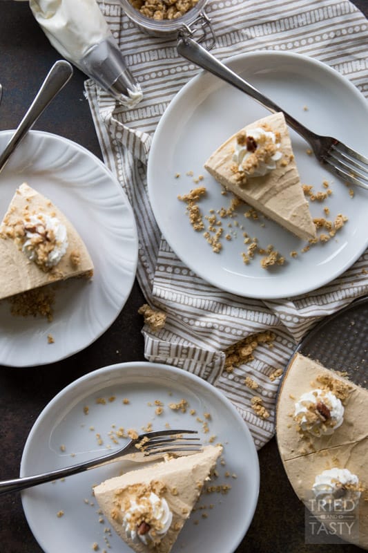 Almost No Bake Maple Pecan Pumpkin Cheesecake // You'd never guess the secret ingredient in the crust of this delicious cheesecake! I'll give you a hint: it's not graham cracker! With a light pumpkin flavor, this cheesecake is perfectly sweetened with a touch of maple & pecan. | Tried and Tasty