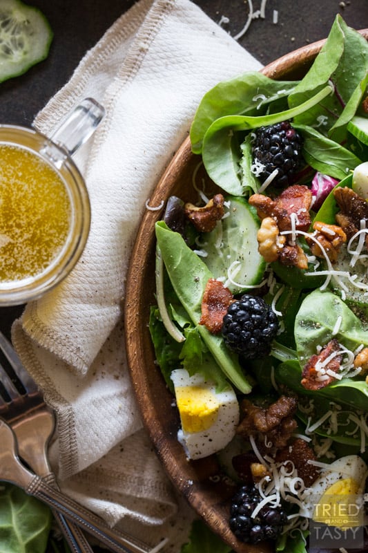 Blackberry Bacon and Egg Salad With Maple Dijon Vinaigrette // The flavors in this tasty summer salad marry so well together you'll want this every day for lunch! Deliciously tart blackberries, salty bacon and a to-die-for vinaigrette! | Tried and Tasty