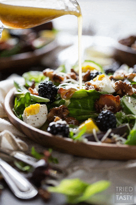 Blackberry Bacon and Egg Salad With Maple Dijon Vinaigrette // The flavors in this tasty summer salad marry so well together you'll want this every day for lunch! Deliciously tart blackberries, salty bacon and a to-die-for vinaigrette! | Tried and Tasty