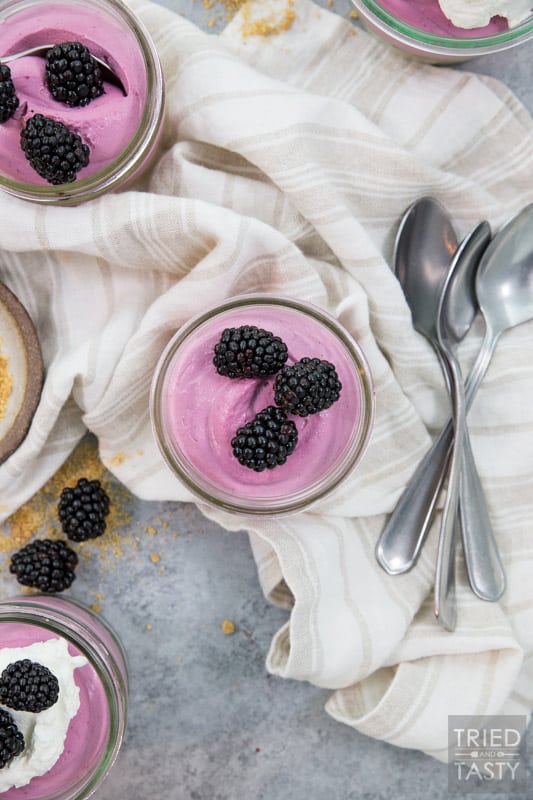 No Bake Blackberry Cheesecake // Smooth. Creamy. Delicious. NO BAKE! This dessert hits ALL the marks. Blackberry lovers will flip over this quick & easy dessert! | Tried and Tasty