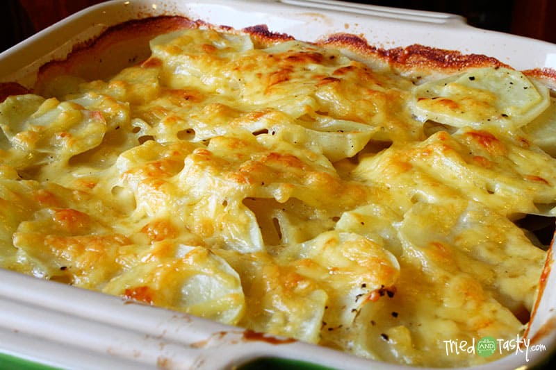 Scalloped Potatoes with Cheese in a Baking Dish