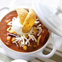 Taco Soup with chips in a bowl