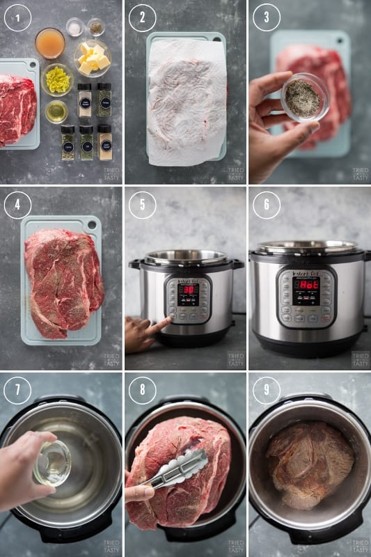 Collage of how to make pot roast in the instant pot