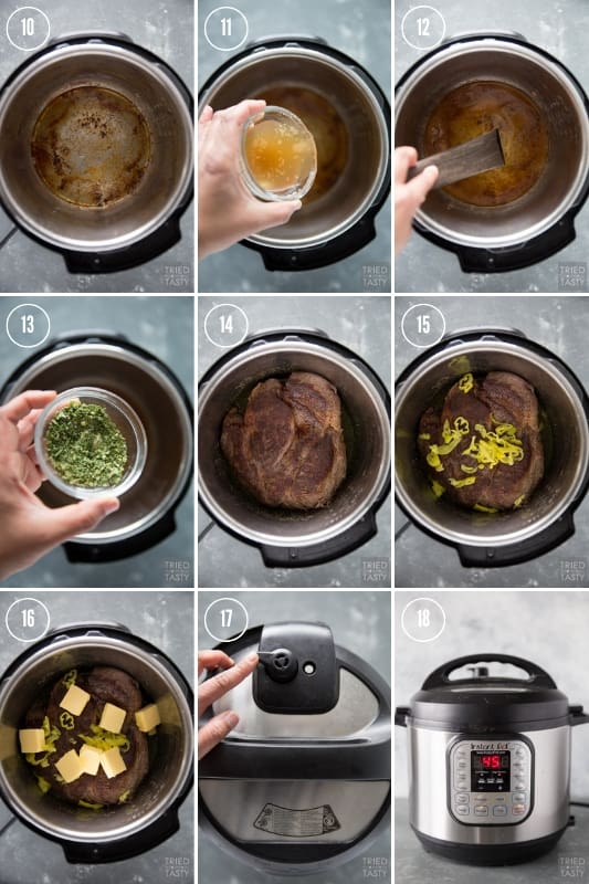 Collage of how to make pot roast in the instant pot 