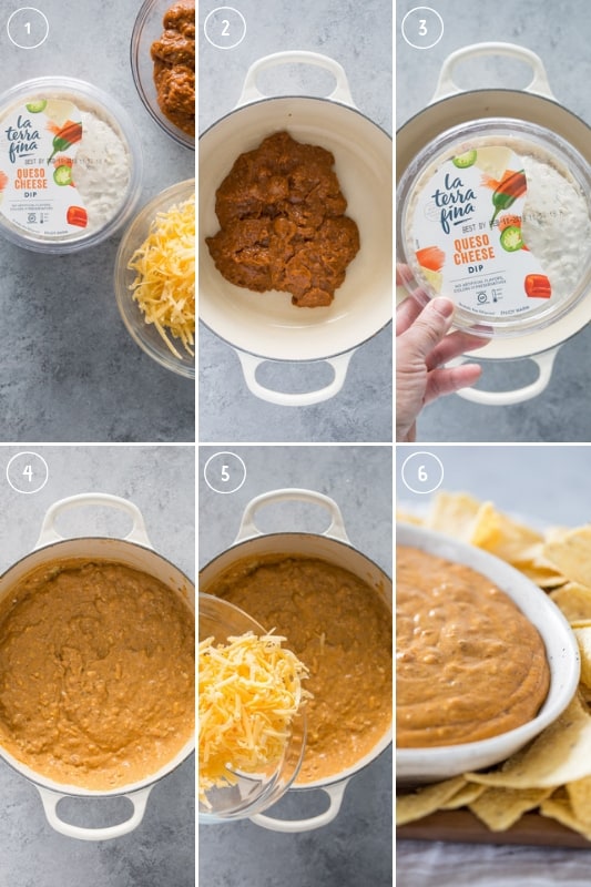 Collage of step-by-step photos of how to make chile con queso