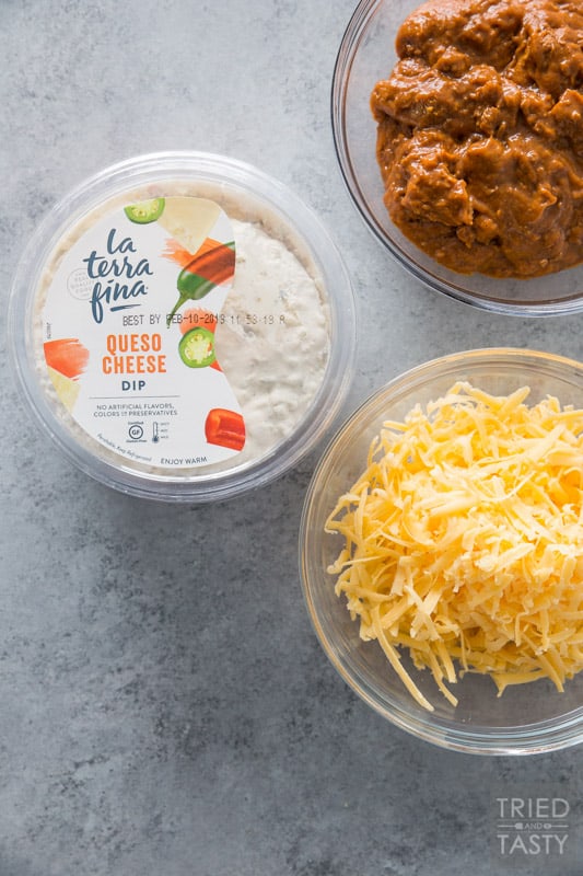 1 pkg of La Terra Fina queso dip, a bowl of shredded cheddar, and a bowl of no bean chili