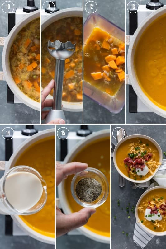 Collage of step-by-step instructions on how to make loaded sweet potato soup