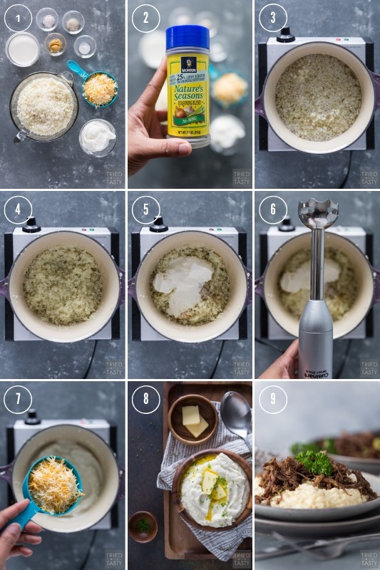 Collage of step-by-step photos showing how to make cauliflower mash