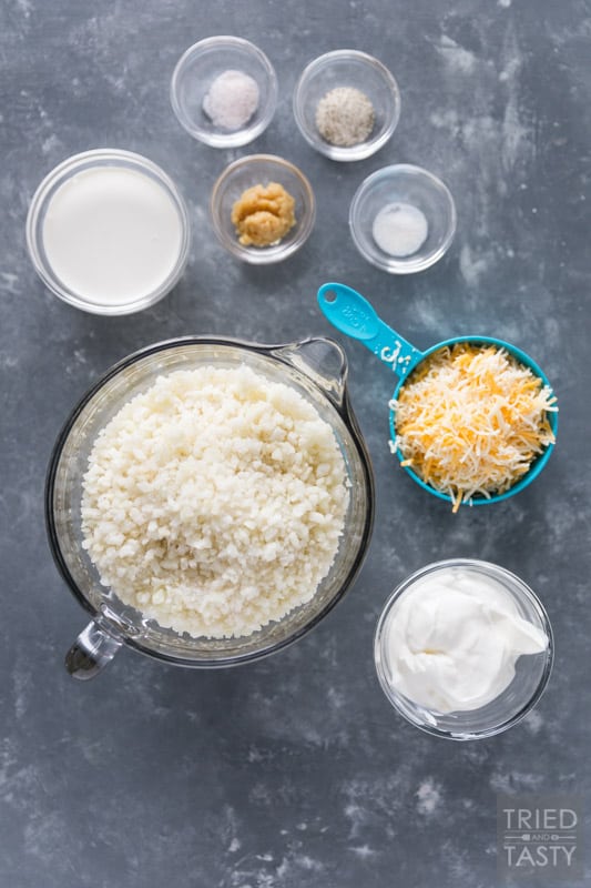 Ingredients prepped in bowls to make cauliflower mash