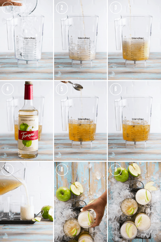 A 9 part collage showing the steps involved in making the Green Apple Kombucha Slushy recipe.