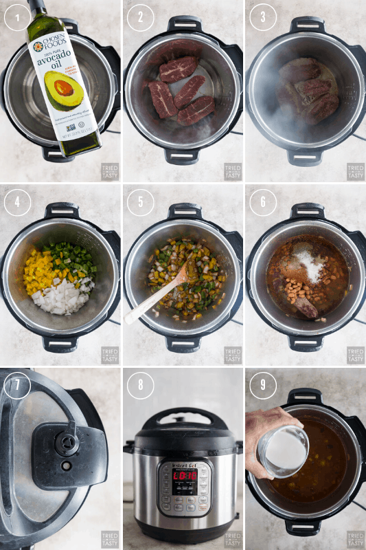 Collage of step-by-step photos how to make steak fajita chili