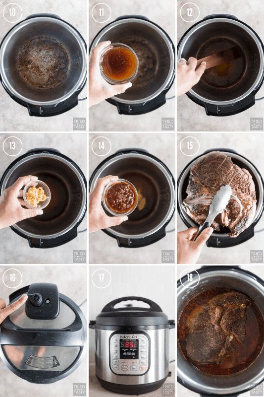 Step-by-step collage showing how to make Instant Pot Barbacoa Beef